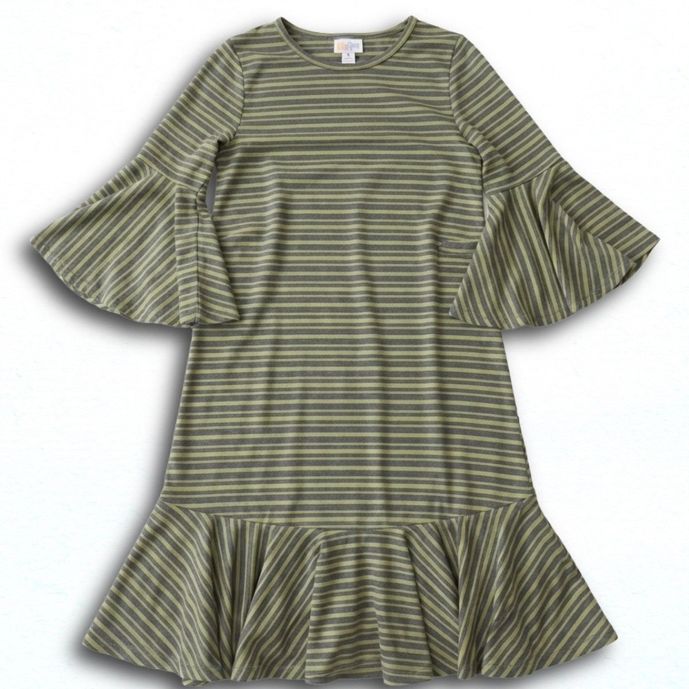 LuLaRoe Carly Dress XXS Green Grey Striped Bell Sleeve Ruffle Hem New With Tags